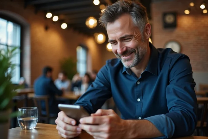 Homme accédant à ses annonces Wannonce depuis son smartphone dans un café