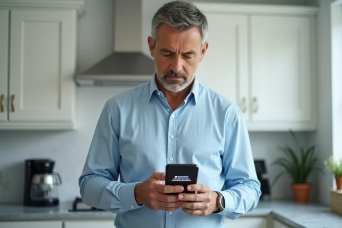 Homme consultant son smartphone pour résoudre un problème d'accès à son compte CDC Net dans une cuisine