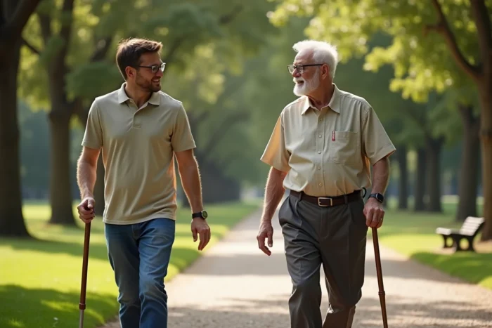 Physiothérapeute accompagnant un homme âgé lors d'une promenade de rééducation dans un parc urbain