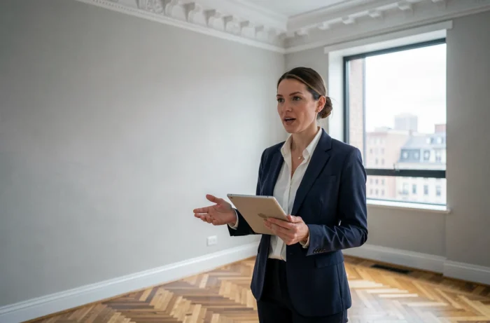 Agent immobilière présentant un appartement rénové avec parquet en chevrons à un client potentiel