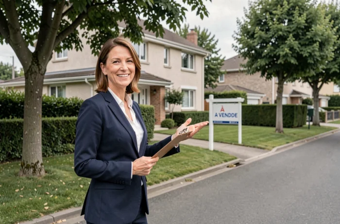 Agente immobilière souriante devant une maison à vendre dans un quartier résidentiel