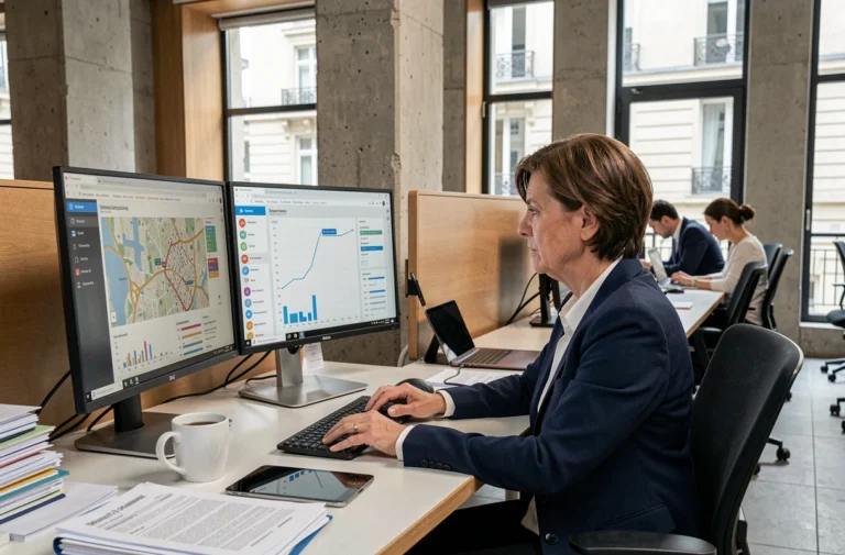 Agente municipale française travaillant sur des outils numériques dans une mairie moderne