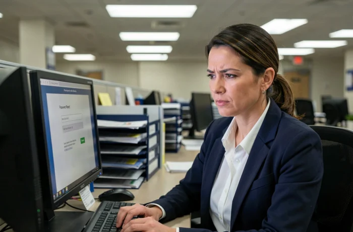 Agente administrative de police face à un message d'erreur lors de la réinitialisation de son mot de passe e-campus