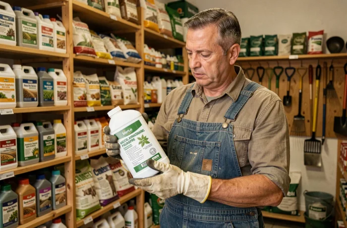Agriculteur portugais lisant attentivement l'étiquette d'un herbicide à base de glyphosate dans un magasin agricole rural