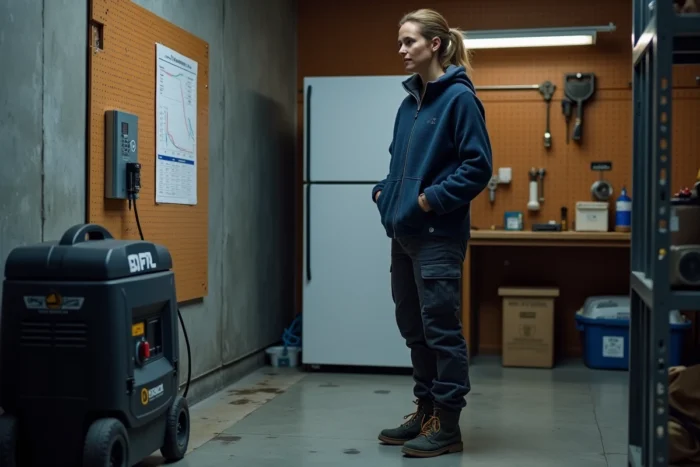Femme consultant un tableau de puissance électrique dans un garage avec groupe électrogène et congélateur