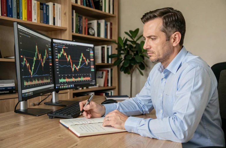 Homme analysant des graphiques boursiers sur deux écrans dans un bureau moderne pour ses premiers investissements