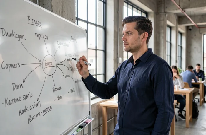 Homme dessinant une carte mentale sur un tableau blanc pour analyser et faire le point sur un projet