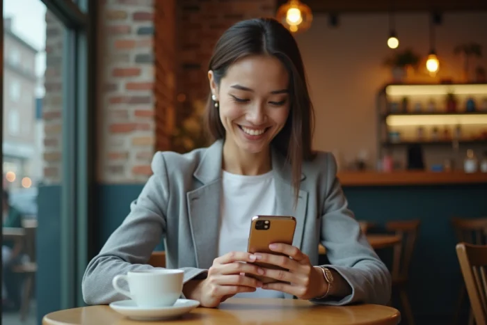 Femme utilisant l'application Footclub FFF sur son téléphone dans un café pendant un déplacement