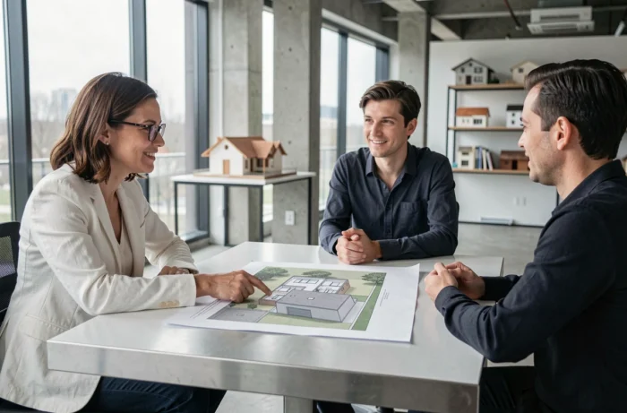 Architecte présentant un plan de garage à un couple lors d'une consultation sur la taxe d'aménagement