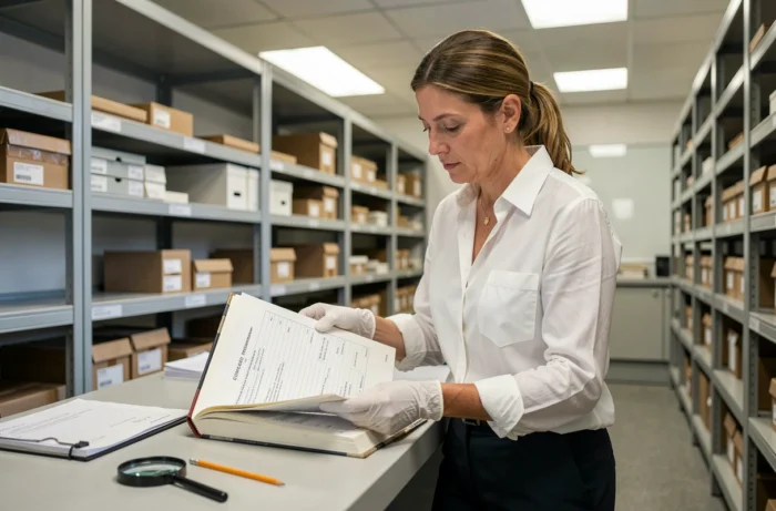 Archiviste consultant un registre officiel avec des gants blancs dans une salle d'archives nationale française