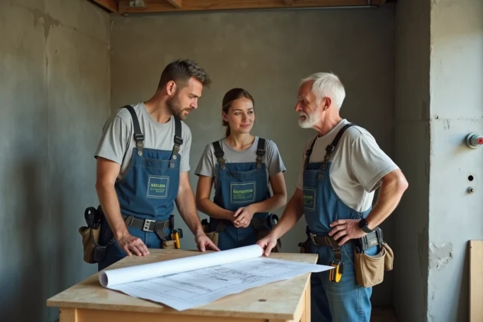 Artisans et propriétaire discutant d'un plan de rénovation de salle de bain pour optimiser les coûts des travaux