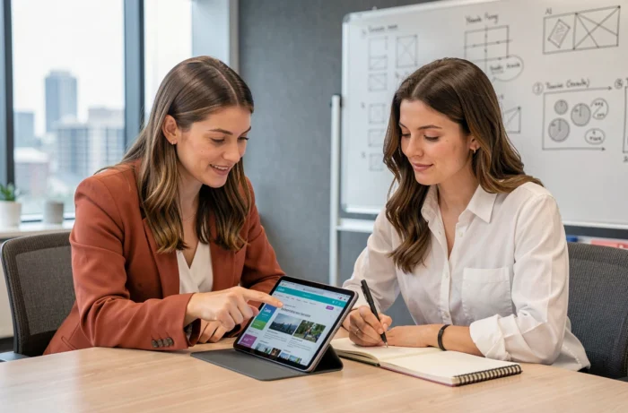 Deux femmes en formation Canva autour d'une tablette dans une salle de formation professionnelle pour maîtriser la création de newsletters