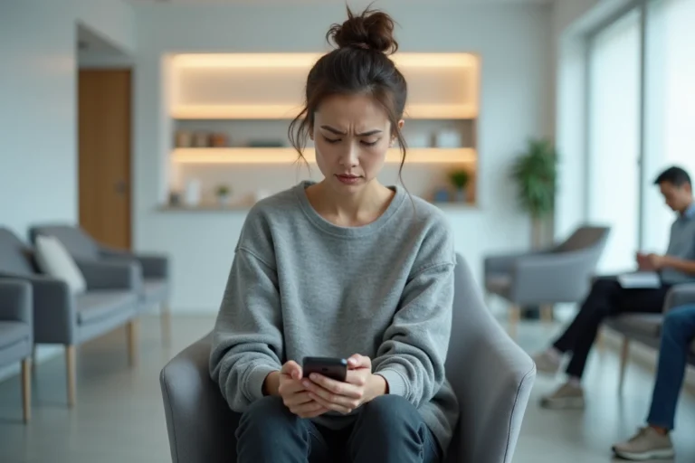 Femme frustrée dans une salle d'attente de clinique dentaire consultant son téléphone avec une expression sceptique