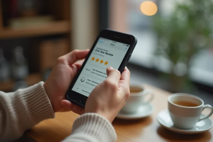 Gros plan sur un avis négatif une étoile affiché sur un smartphone tenu dans les mains d'un utilisateur insatisfait