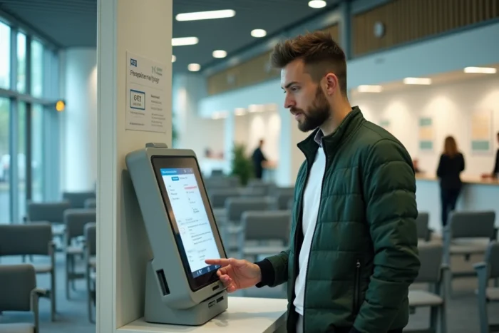 Homme utilisant une borne numérique en agence Pôle emploi pour s'inscrire ou consulter des offres