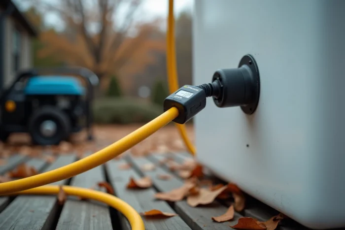 Gros plan sur la connexion d'un câble électrique entre un groupe électrogène et un congélateur avec wattmètre