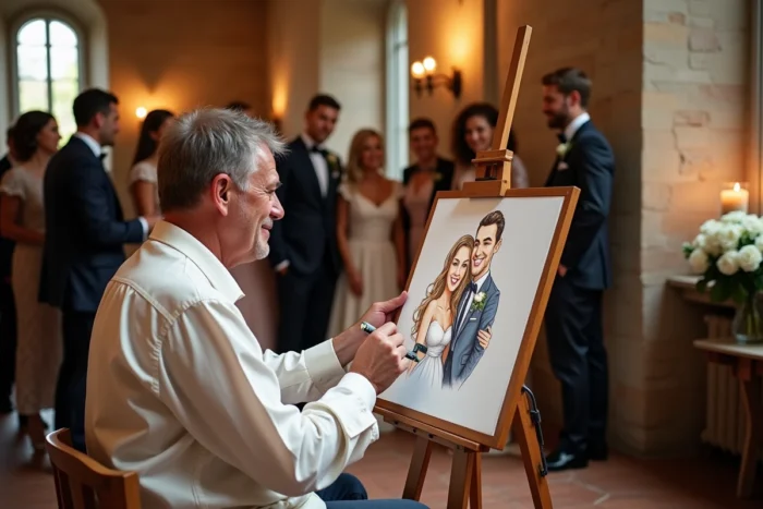 Caricaturiste dessinant des invités de mariage dans un foyer élégant lors d'un cocktail