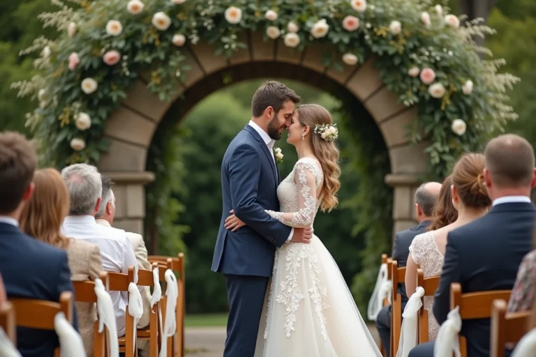 Couple de mariés sous une arche de roses lors d'une cérémonie de mariage en plein air dans un jardin fleuri