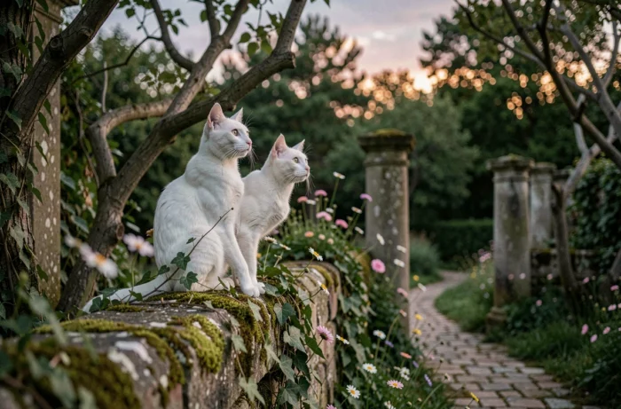 Chat blanc perché sur un vieux mur de pierre moussu dans un jardin mystérieux au crépuscule, symbole de présence spirituelle et de signe ésotérique