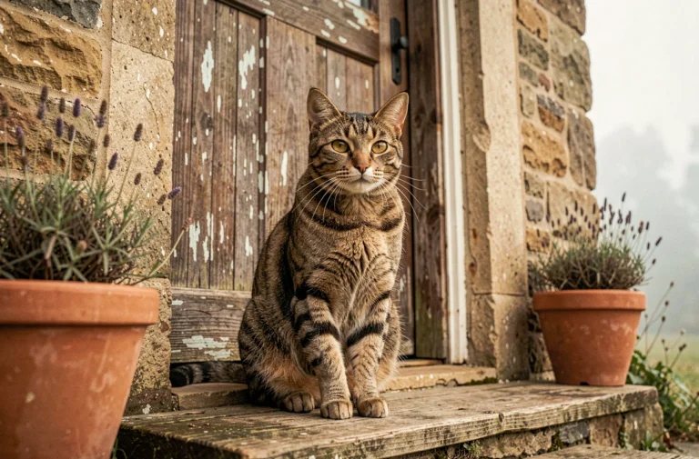 Chat tigré assis sur le seuil d'une maison en pierre rustique, regardant l'objectif avec des yeux ambrés expressifs, symbole de visite mystérieuse