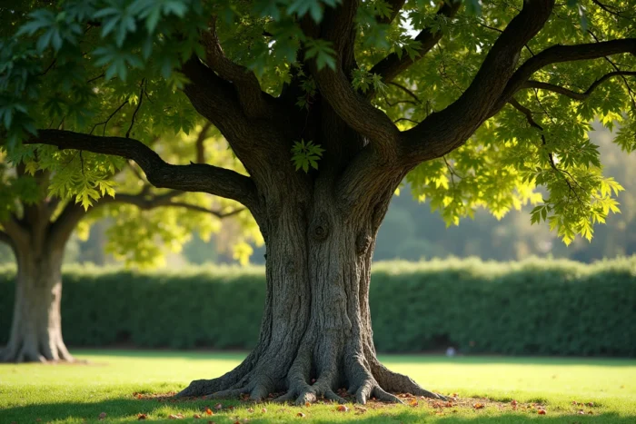 Chêne pédonculé adulte avec son écorce profondément fissurée et sa large couronne de feuilles lobées vertes en début d'automne