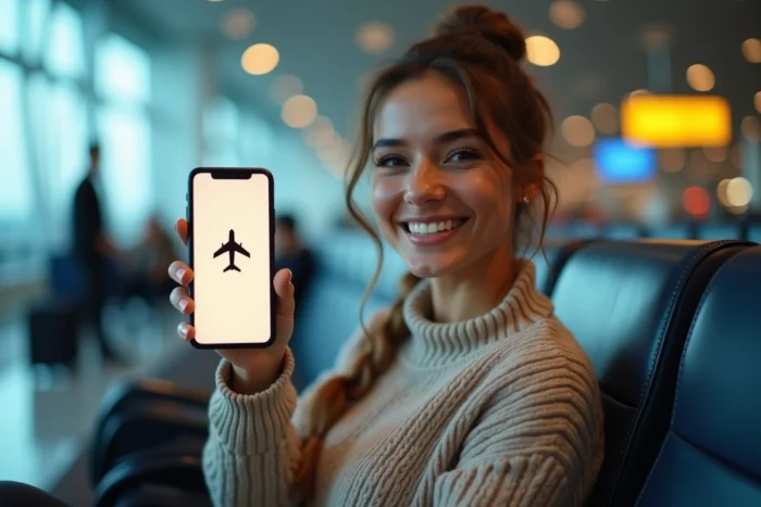 Femme dans un aéroport montrant le mode avion de son téléphone avec un clin d'œil complice avant des vacances déconnectées
