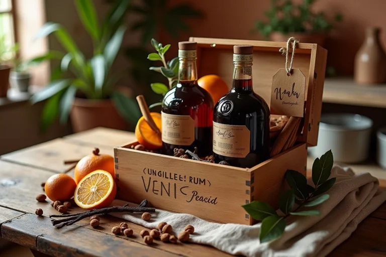 Coffret cadeau en bois rempli de bouteilles de rhum arrangé avec épices et fruits secs sur table en chêne