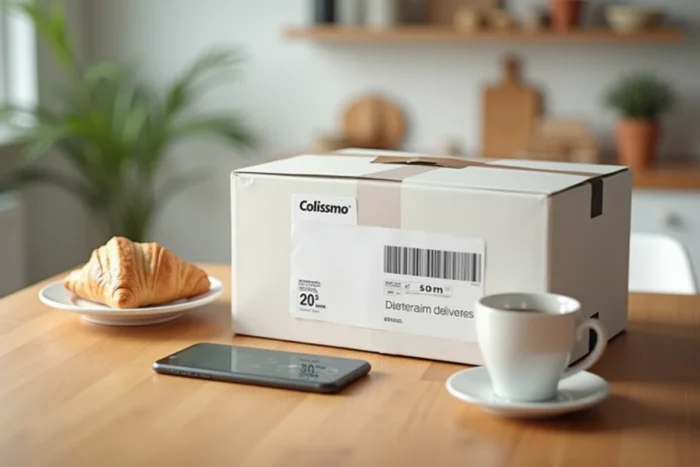 Colis Colissimo posé sur une table de cuisine avec notification de suivi de livraison sur smartphone le samedi