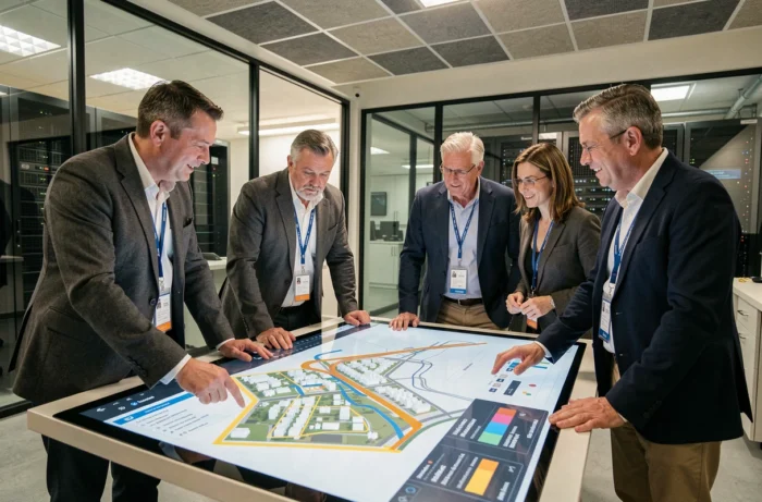 Élus et agents publics français collaborant autour d'une table numérique interactive en préfecture