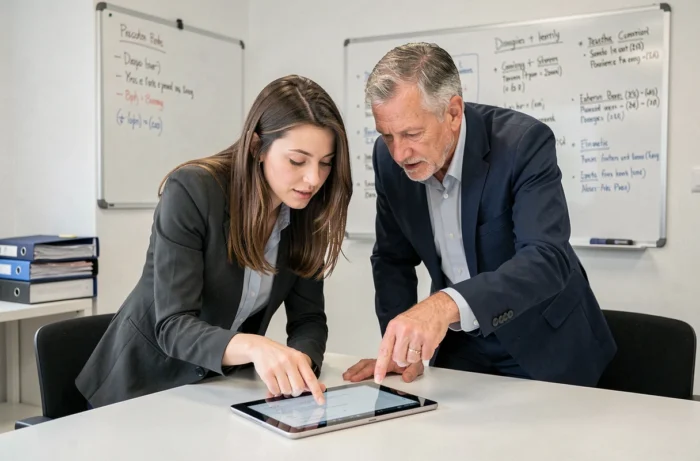 Deux collègues consultant ensemble une plateforme de déclaration d'expertise sur une tablette en réunion