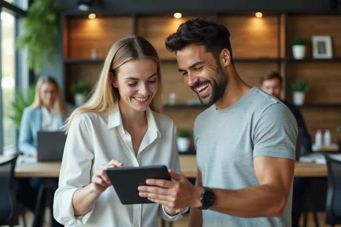 Deux collègues discutant des tendances du numérique sur une tablette dans un espace de coworking moderne