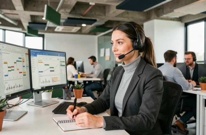 Commerciale en train de closer une vente par téléphone depuis son bureau dans un open space professionnel