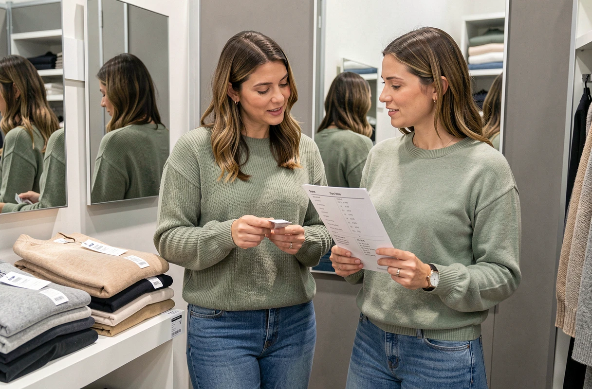 Deux femmes comparant des étiquettes de tailles vêtements 2XL dans la cabine d'essayage d'un grand magasin