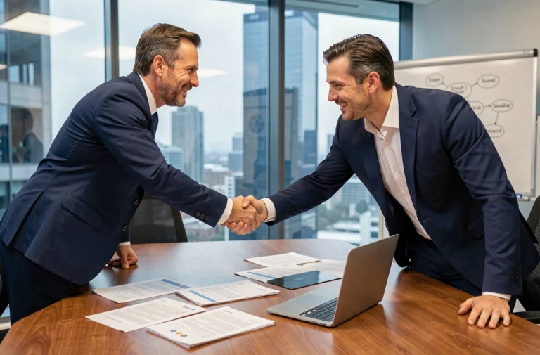 Deux professionnels se serrant la main pour conclure un accord commercial autour d'une table de réunion avec des contrats