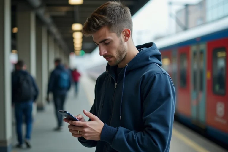 Homme connecté à Footclub FFF sur son smartphone en attendant un train lors d'un déplacement professionnel