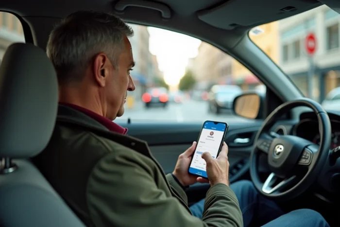 Homme se connectant à son espace Footclub FFF sur mobile depuis une voiture lors d'un trajet professionnel