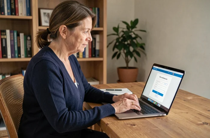 Femme d'une cinquantaine d'années se connectant à un espace personnel de soins en ligne sur un ordinateur portable depuis son bureau à domicile