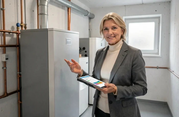 Conseillère en efficacité énergétique présentant une pompe à chaleur installée dans une maison suisse