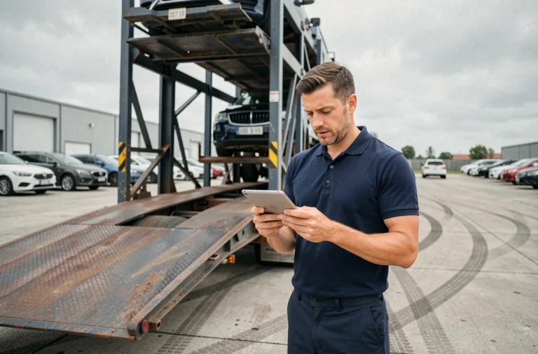 Coordinateur logistique automobile inspectant un camion porte-voitures dans un dépôt de transport professionnel
