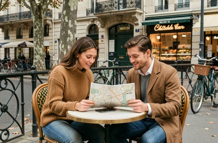 Couple consultant une carte de quartier en terrasse de café près d'une station de la ligne 13 à Paris