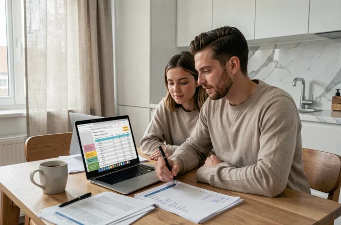 Couple examinant les frais de courtage immobilier sur un ordinateur portable à la maison