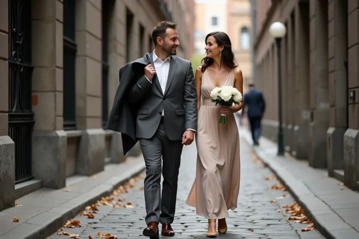 Couple de mariés se promenant dans une ruelle pavée du Vieux-Montréal après la cérémonie de mariage