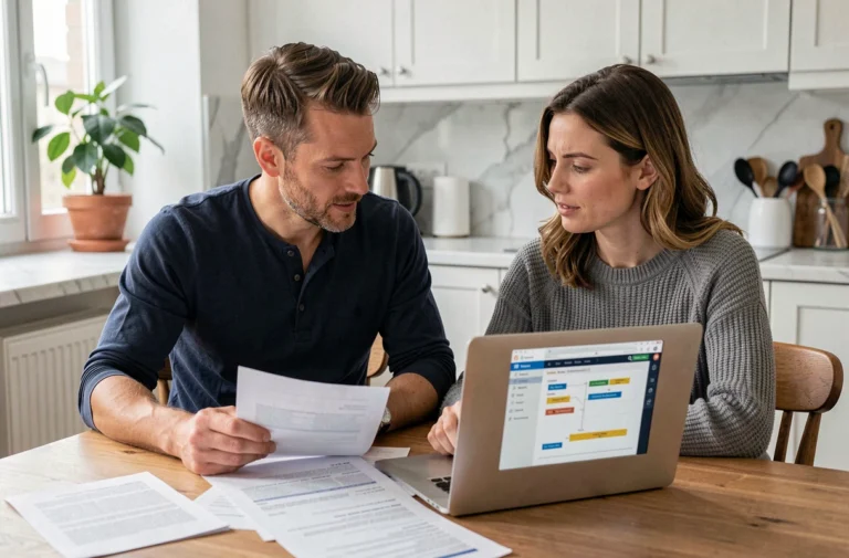 Couple examinant des documents de prêt immobilier modulable à la maison