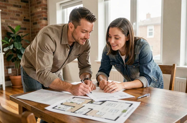 Couple examinant des documents immobiliers sur une table en bois dans un appartement contemporain