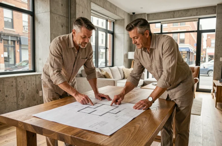 Couple de professionnels examinant des plans immobiliers sur une table en bois dans un appartement moderne