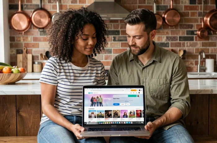 Couple partageant un ordinateur portable pour découvrir une plateforme de streaming dans une cuisine au style loft urbain