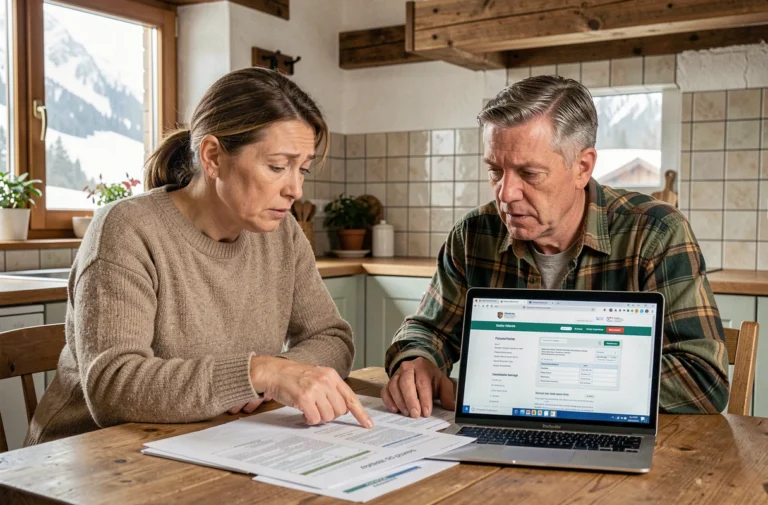 Couple suisse consultant des documents de subvention pour rénovation énergétique dans une cuisine en bois traditionnelle
