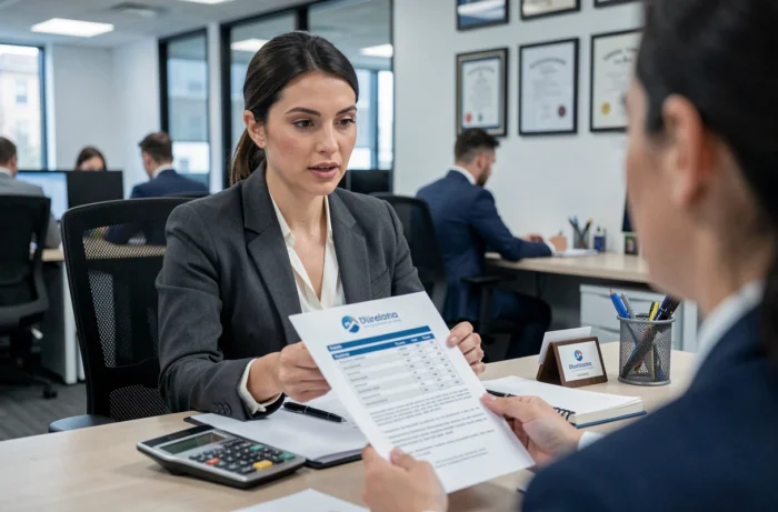 Courtière immobilière expliquant les frais de courtage à un client dans une agence financière