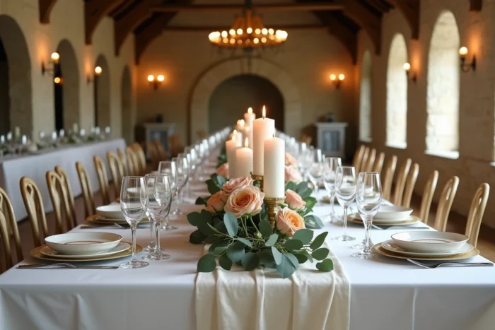 Table de réception de mariage décorée avec des roses et des bougies dans un château en pierre