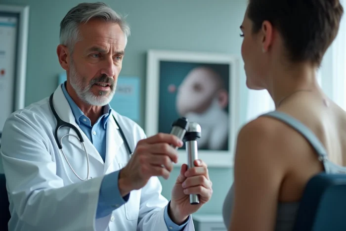 Dermatologue utilisant un dermatoscope pour examiner un grain de beauté dans son cabinet